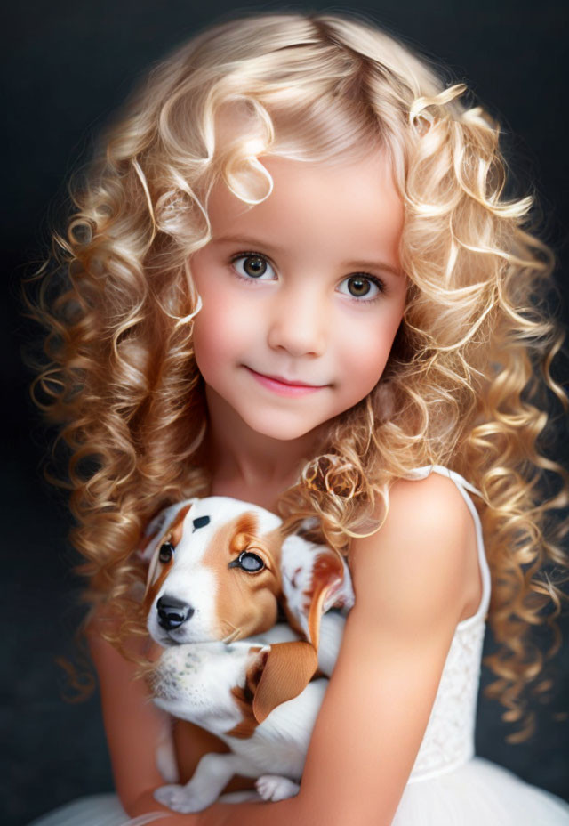 Young girl with curly blonde hair holding tricolor beagle puppy on dark background