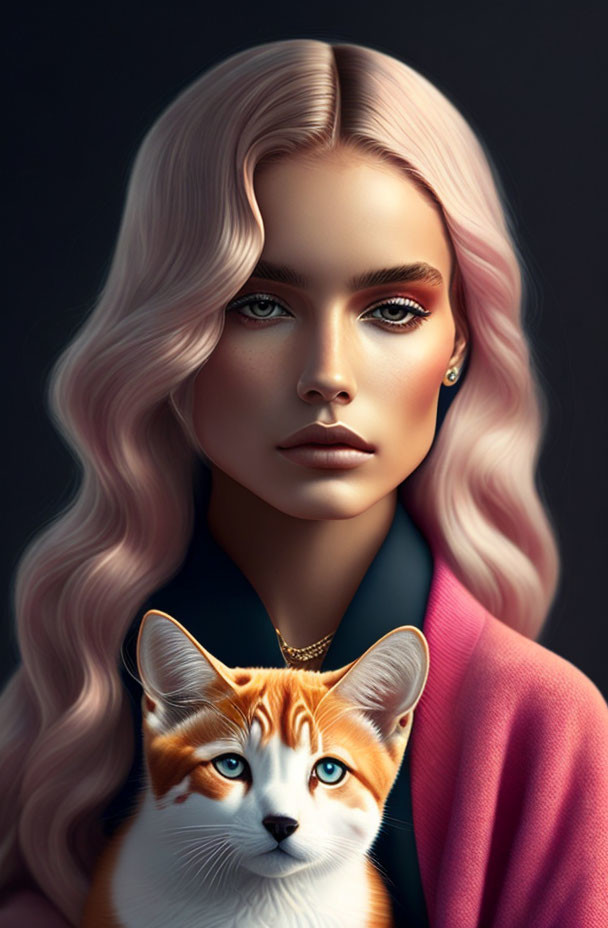 Blonde woman with blue eyes holding an orange and white cat