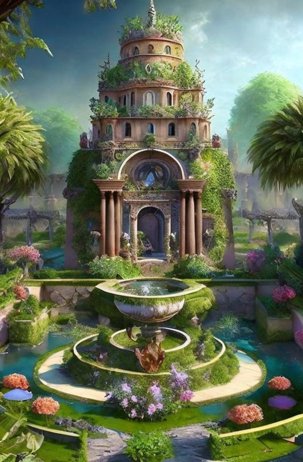 Fantastical multi-tiered tower in enchanted garden with lush greenery and ornate archways