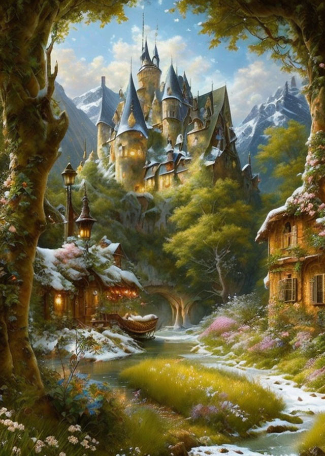 Enchanting castle in serene forest with river, blossoming trees, and quaint cottage.