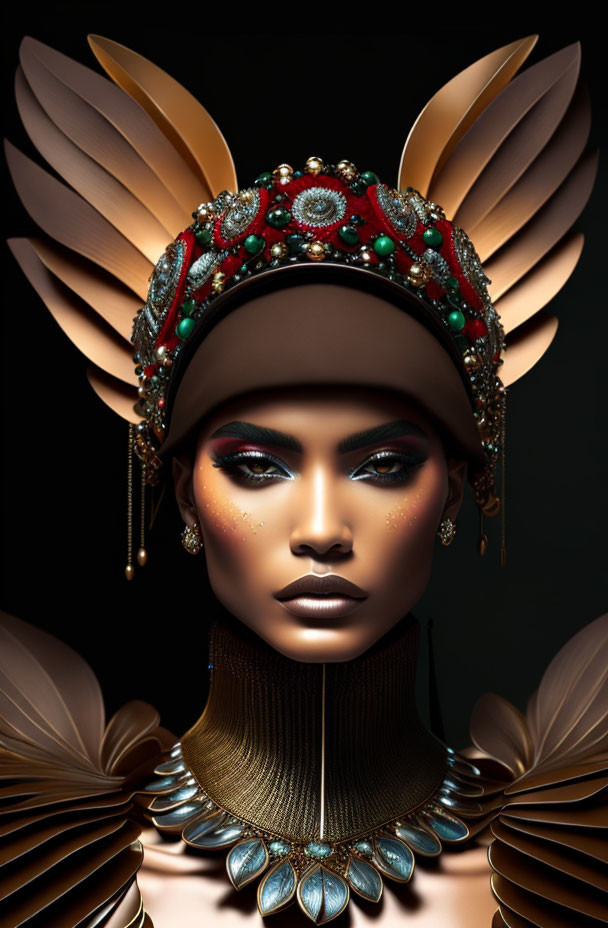 Digital Artwork: Person with Striking Makeup and Decorative Headdress