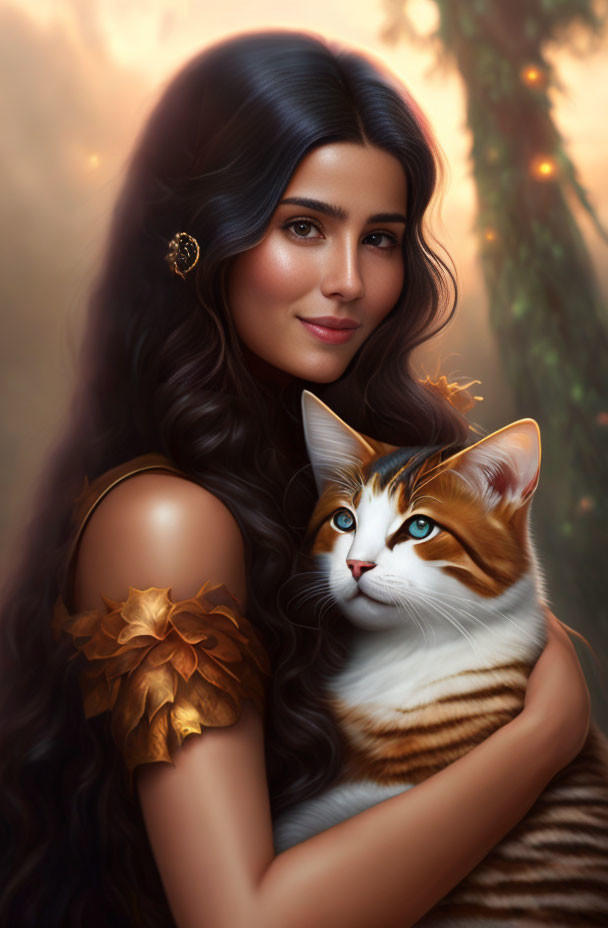 Woman with long dark hair holding tabby cat in gentle light