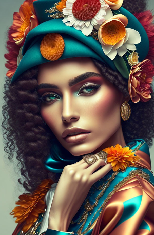 Colorful floral hat woman with striking makeup and curly hair in blue scarf