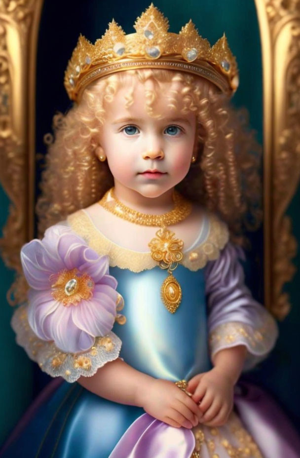 Young child in royal attire with golden crown and purple flower on ornate background