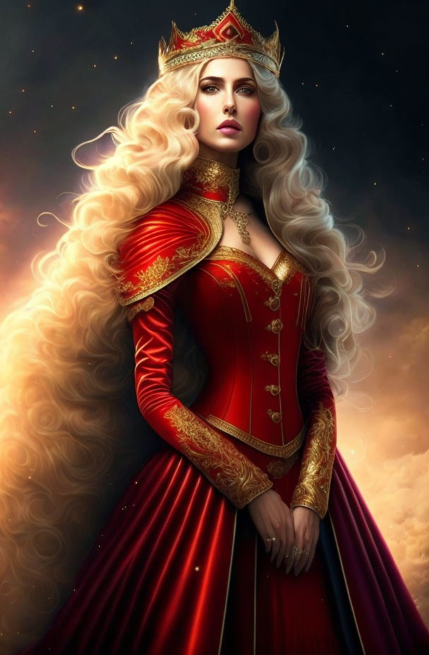 Regal woman with long blonde hair in red and gold gown against cosmic backdrop