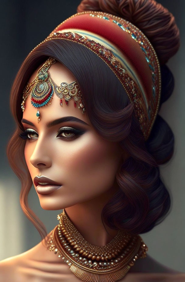 Digital artwork featuring woman with stylized updo, red headpiece, gold jewelry, blue gemstone