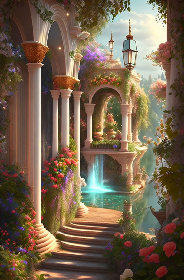 White column garden path with colorful flowers leading to ornate balcony.