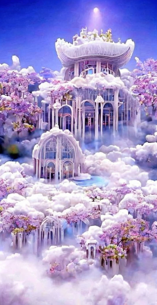 Fantastical Palace Surrounded by Pink Cherry Blossoms and Clouds