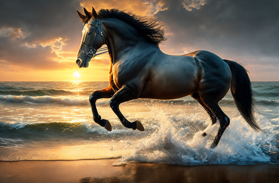 Majestic horse galloping in shallow sea at sunset