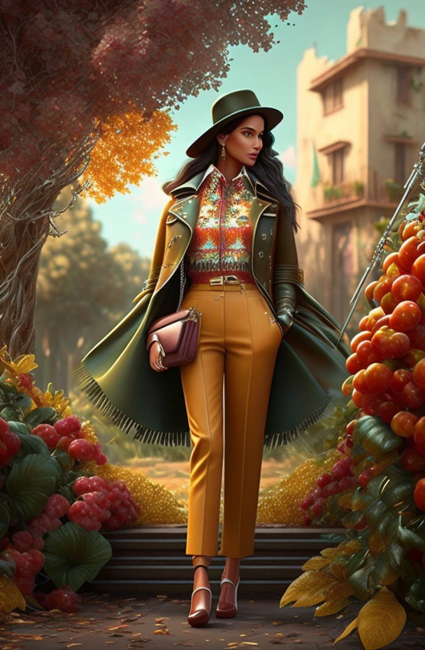 Fashionable woman in green hat and yellow trousers on cobblestone path among grapevines