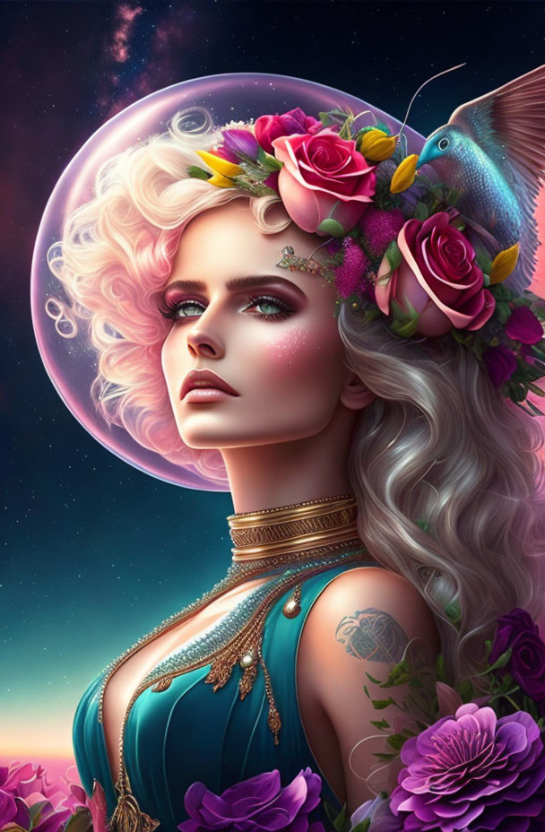 Illustrated woman with astral-themed helmet and hummingbird in cosmic setting