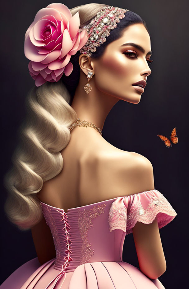 Illustration of woman in pink off-shoulder dress with wavy hair and butterfly.