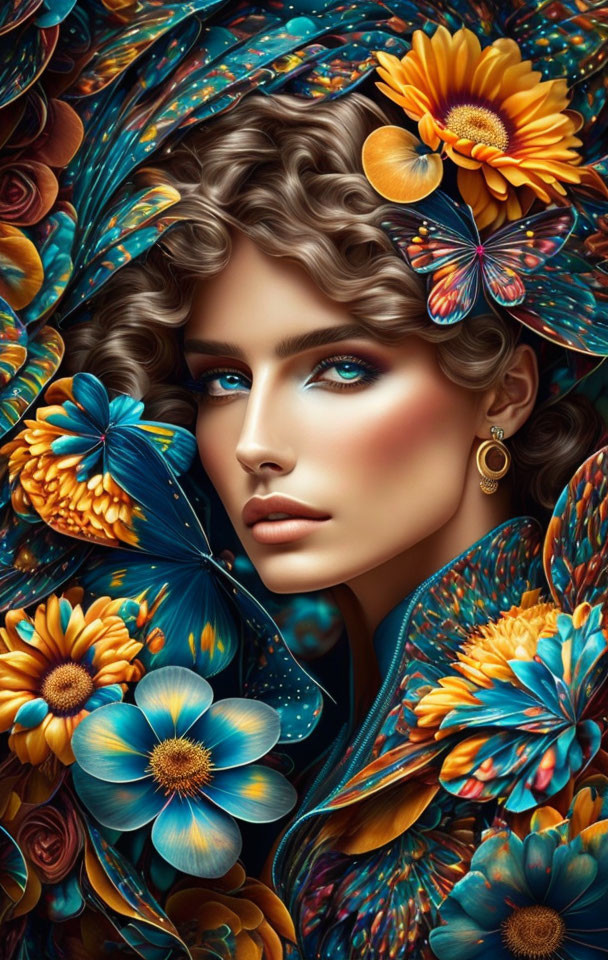 Vibrant digital art: Woman with blue and orange flowers and butterflies