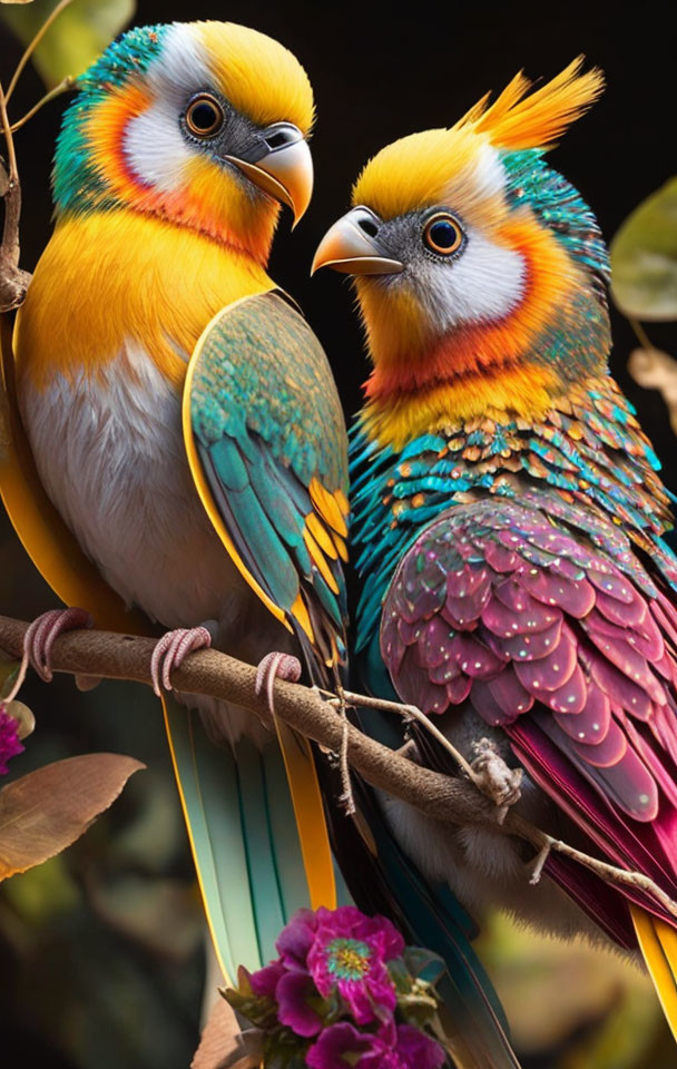 Colorful Orange, Blue, and Green Birds Perched on Branch