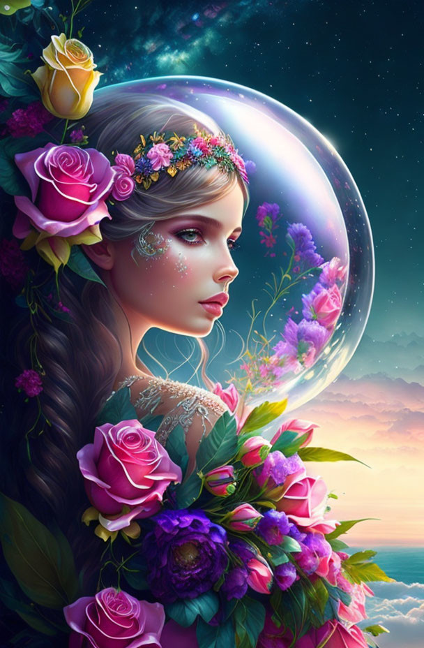 Digital artwork: Woman with floral adornments in cosmic space.