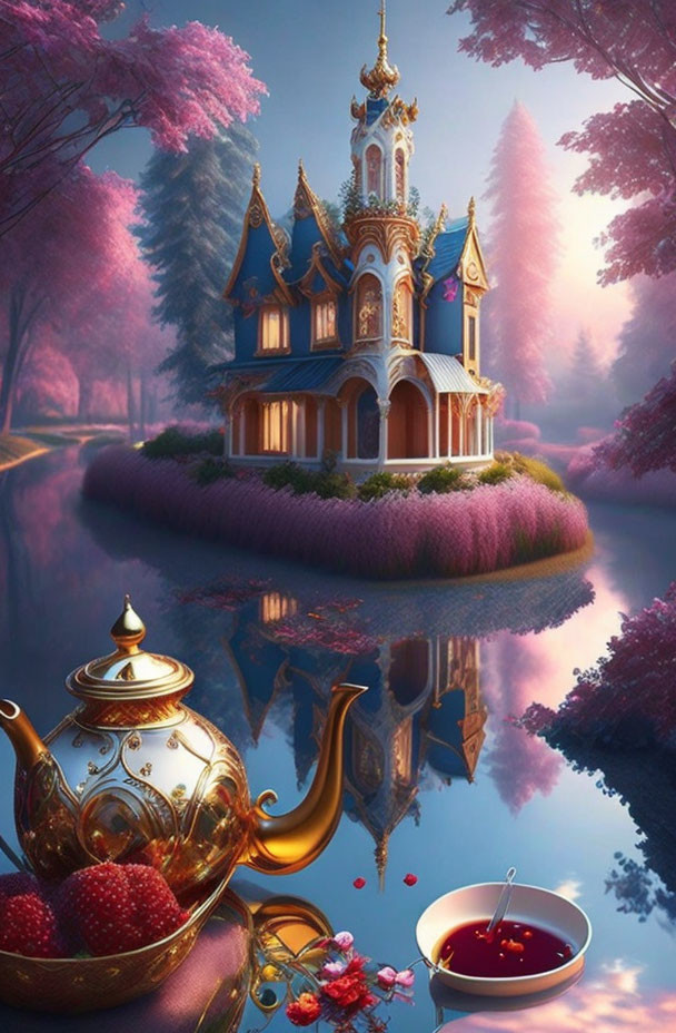 Fairytale castle, magical teapot, and serene landscape in whimsical image