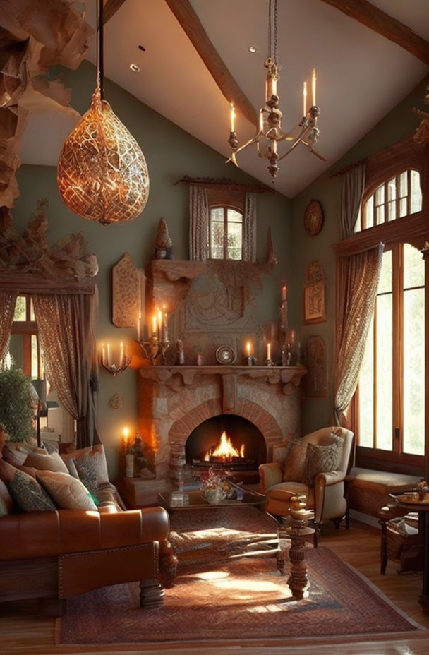 Warmly lit living room with fireplace, leather seating, wooden beams, rustic decor.