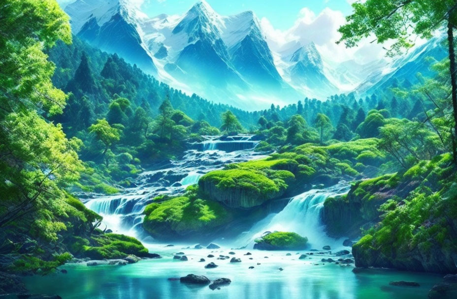 Tranquil landscape with waterfalls, river, mountains, and greenery