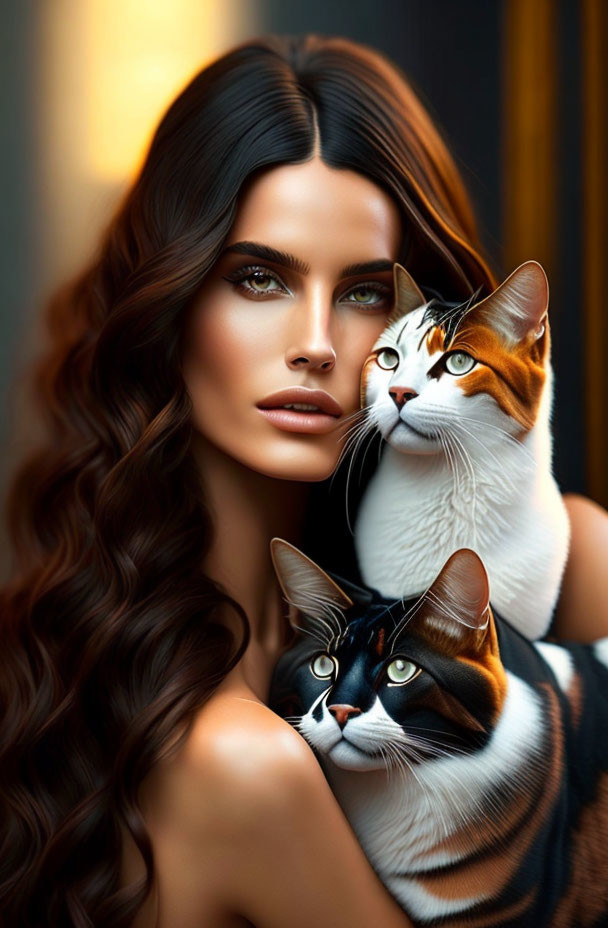 Woman with long wavy hair holding two tabby cats - Striking eyes and distinctive markings