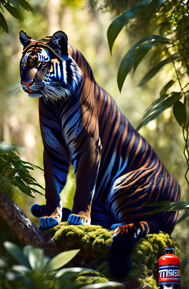 Person painted as tiger with red bottle in forest scene