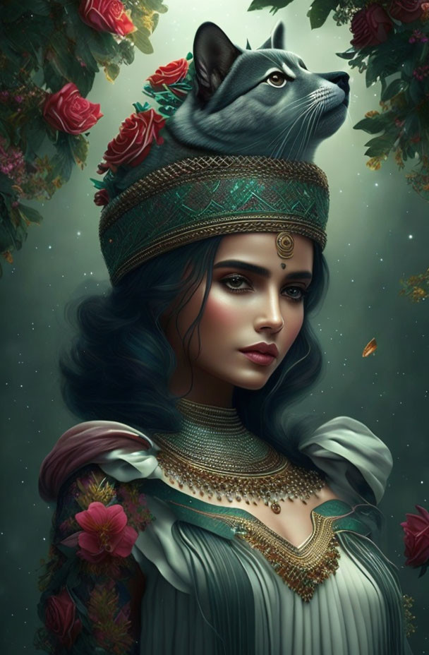 Mystical woman with blue hair and regal cat in elaborate headwear among roses and stars