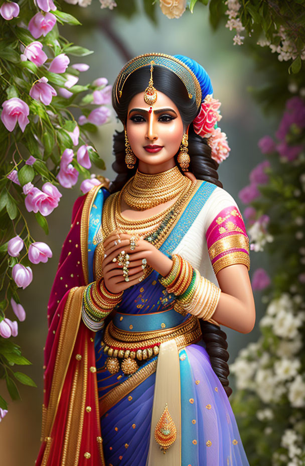 Traditional Indian Attire Woman Amidst Flowers and Jewelry