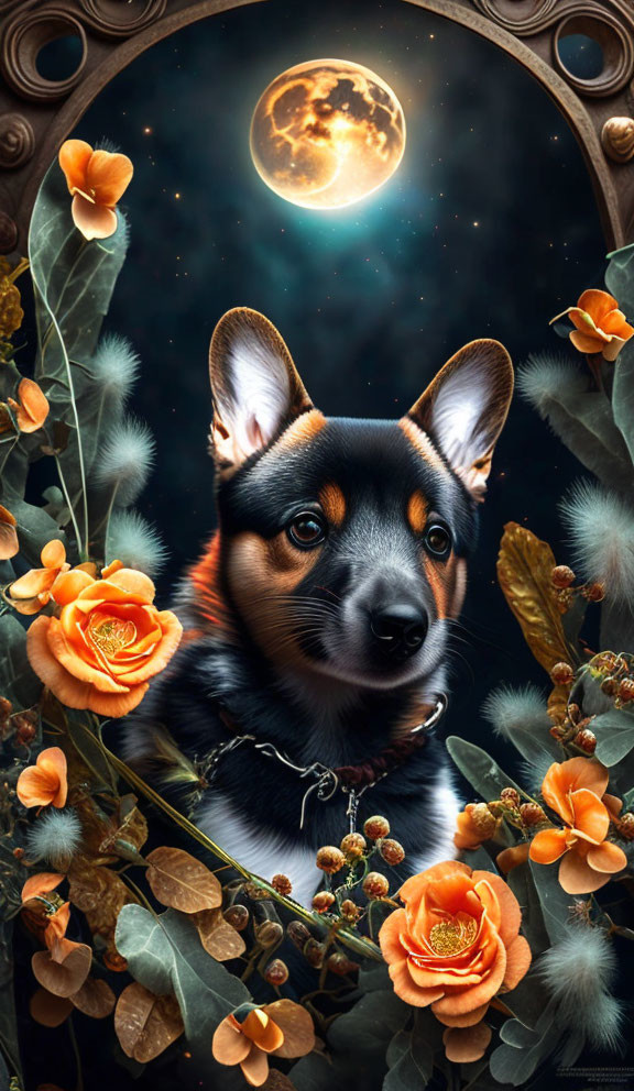 Welsh Corgi Surrounded by Orange Roses Under Starry Sky