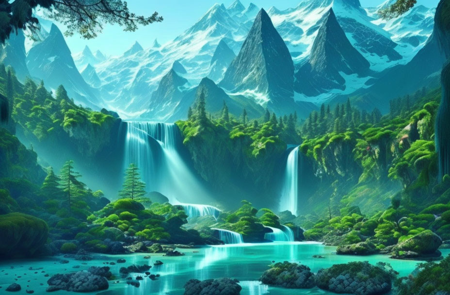 Serene landscape with dual waterfalls, lush greenery, turquoise waters, snow-capped mountains,