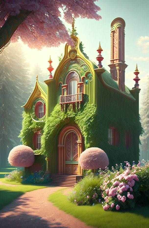 Green Ivy-Adorned Gothic House with Balcony and Gardens