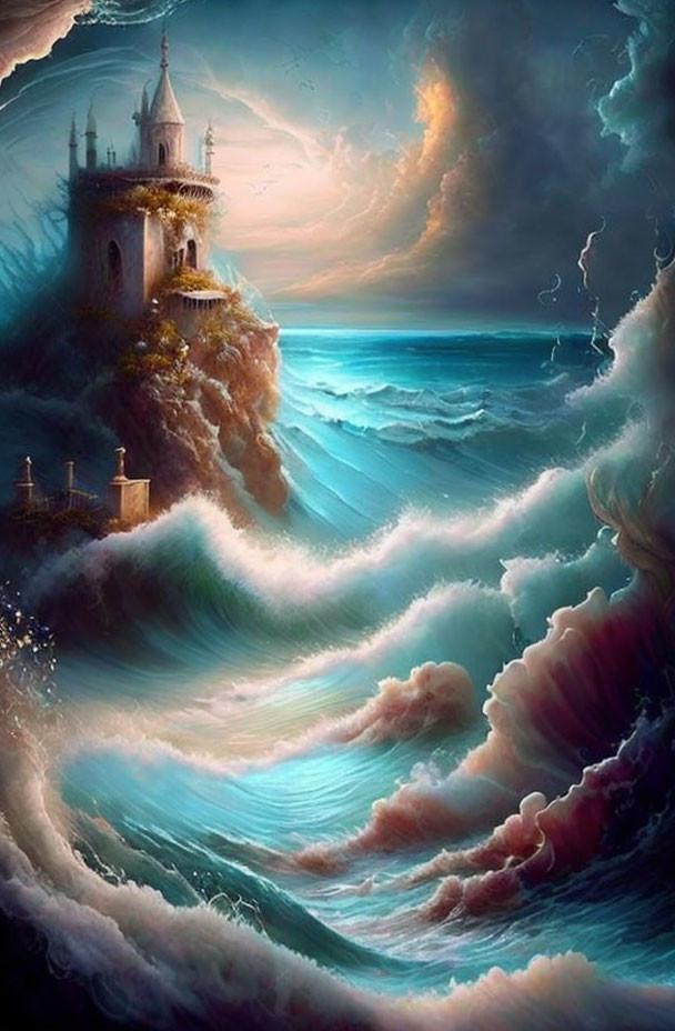 Fantasy artwork: Stormy sea, cliff-top castle, luminous sky.