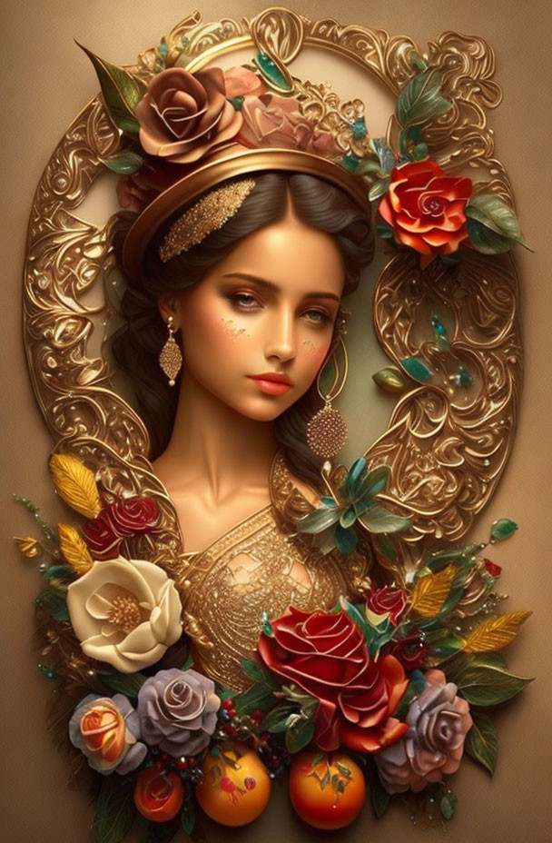 Woman with ornate headdress and floral frame in digital painting