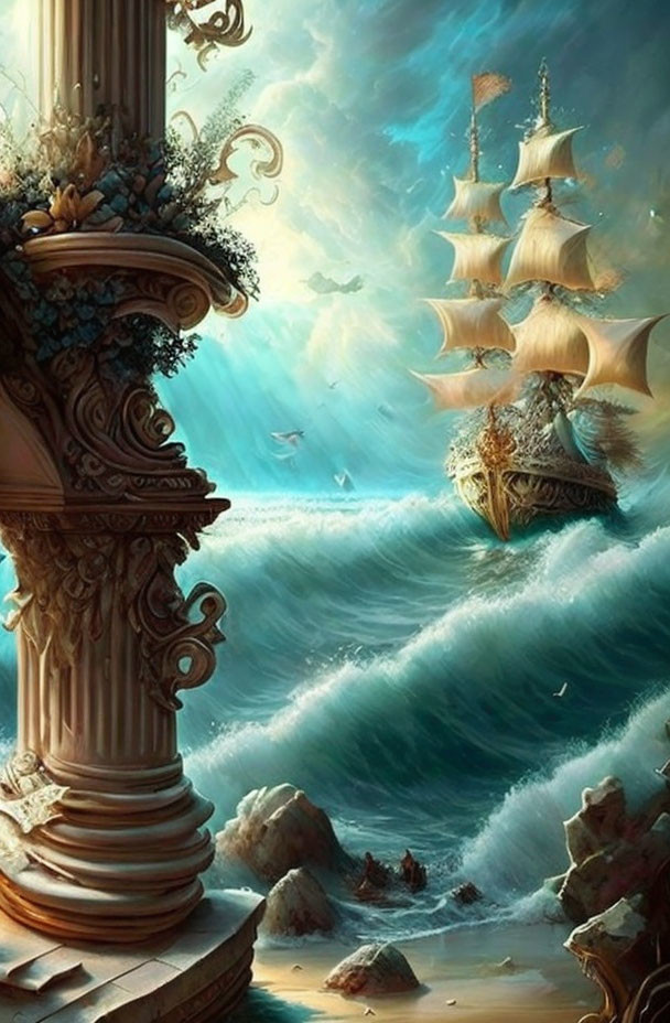 Fantasy galleon sailing turbulent waves near ornate pillar