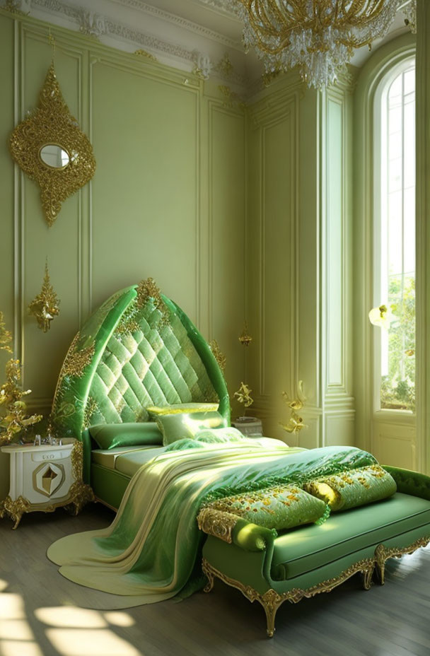 Luxurious Green and Gold Canopy Bed in Elegant Bedroom