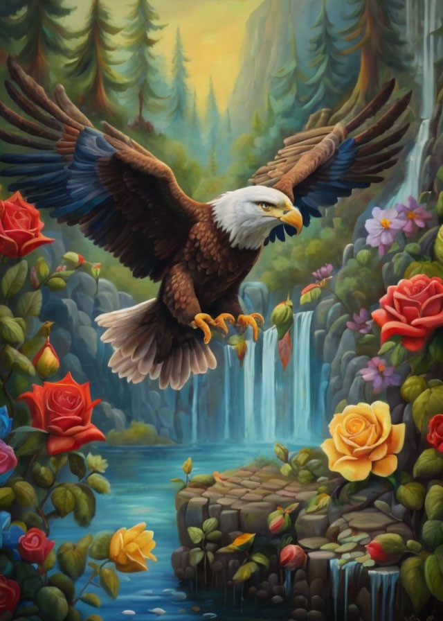 Eagle flying over waterfall in lush forest