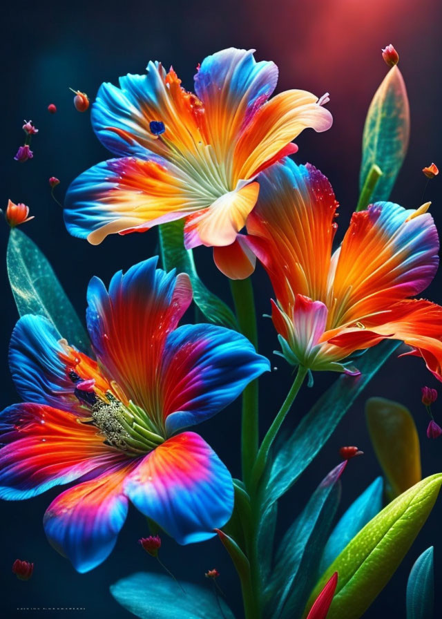 Colorful Multicolored Flowers on Dark Bokeh Background