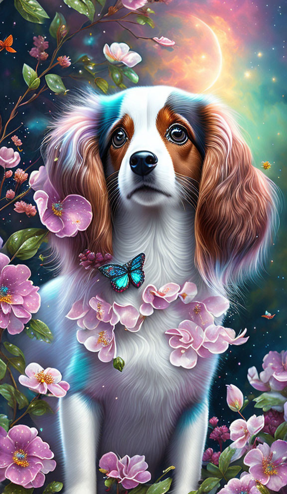 Colorful Dog Illustration Surrounded by Flowers and Butterfly