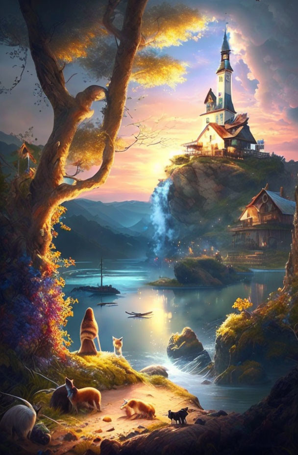 Tranquil fantasy sunset scene with glowing village, animals, lake, and mountains