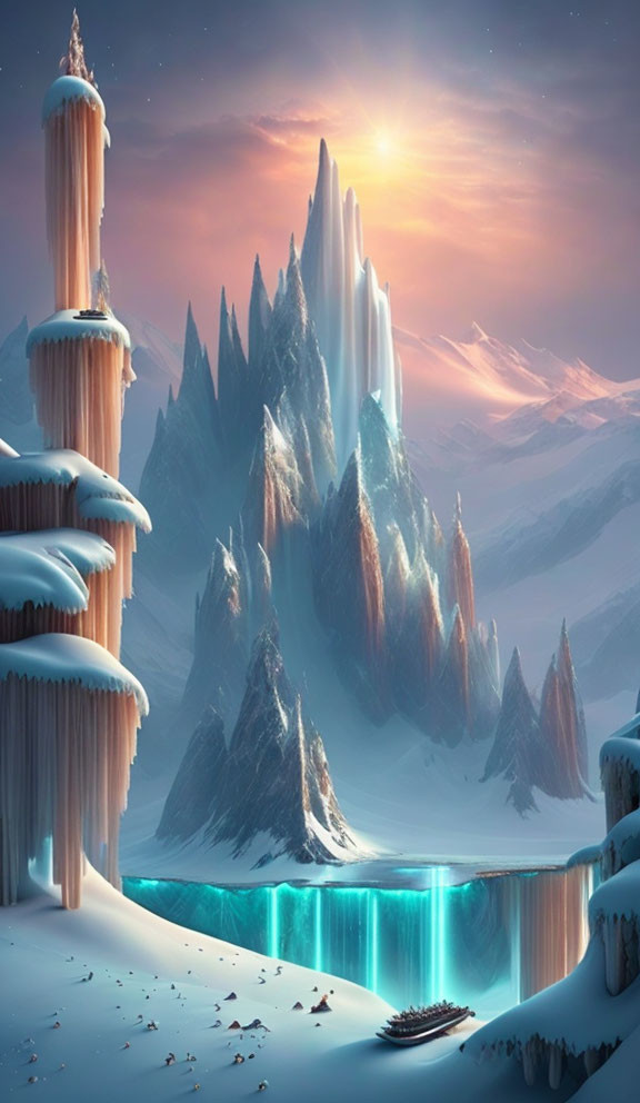 Fantasy Landscape with Ice-Covered Peaks, Sunrise, Waterfall, and Frozen Lake