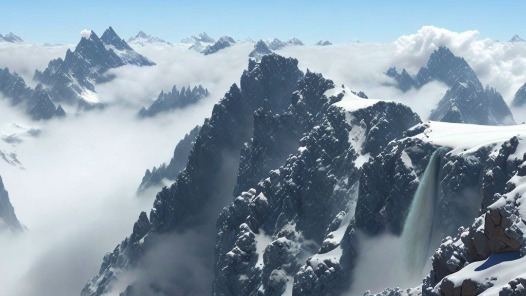 Snowy mountain peaks above clouds with waterfall