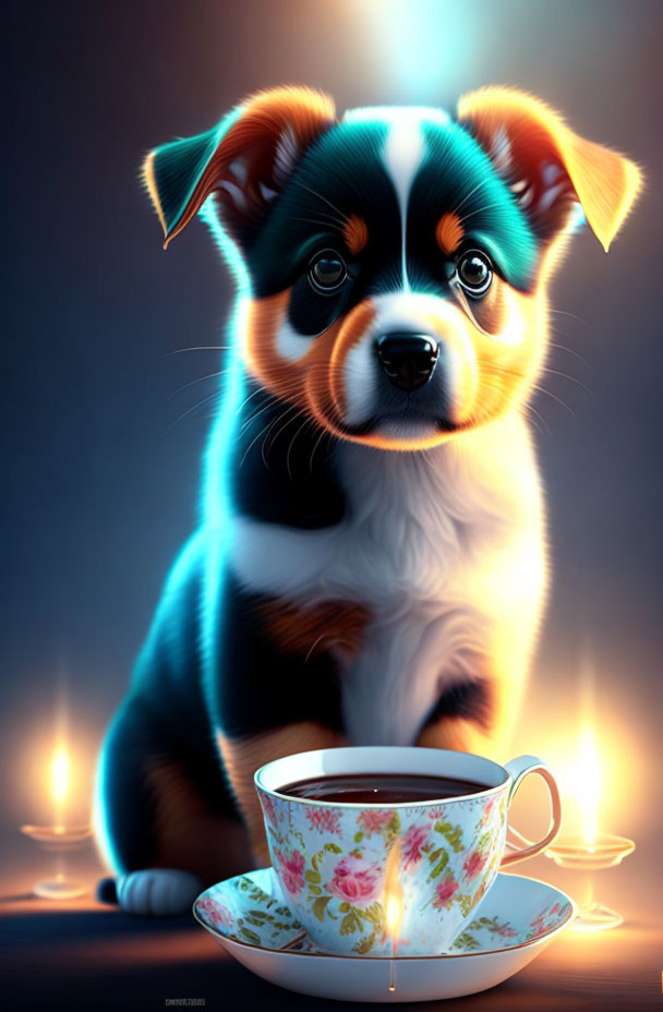 Adorable puppy digital art with teacup and candles