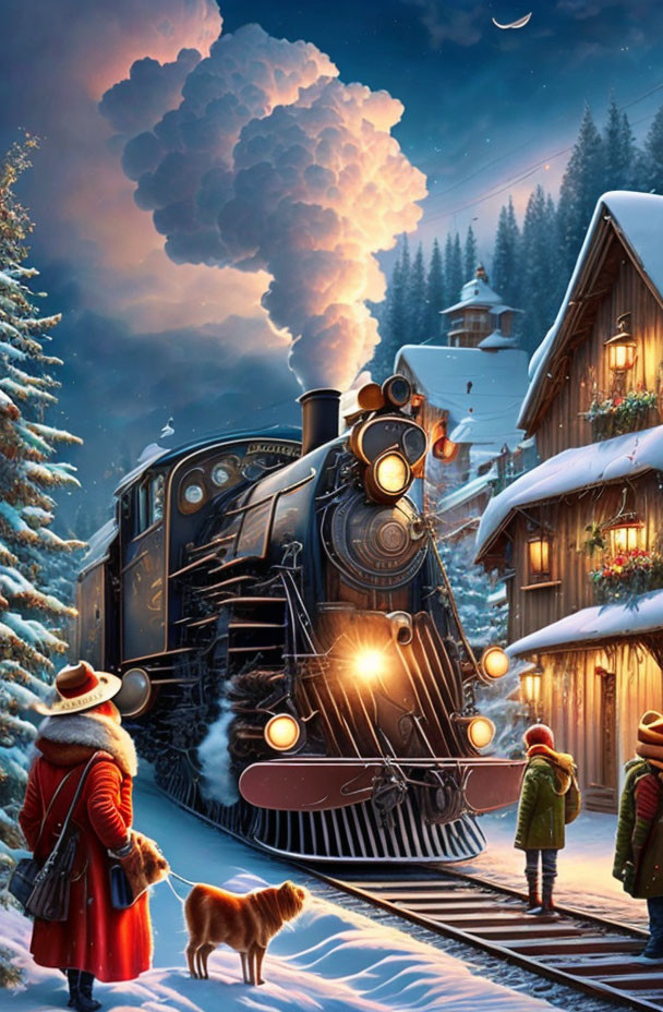 Vintage steam train at snowy station with cozy houses, onlookers, and dog.