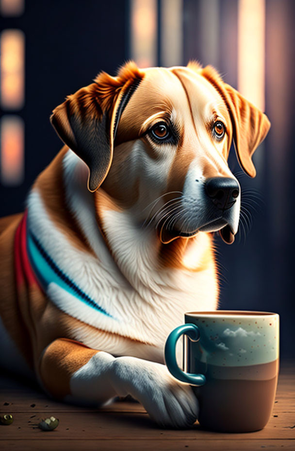 Dog resting paw on coffee mug by window at dusk