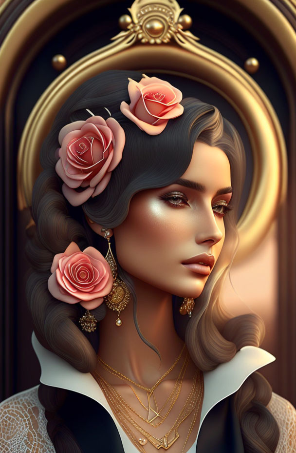 Illustrated portrait of woman with roses in hair and elegant jewelry in vintage oval mirror