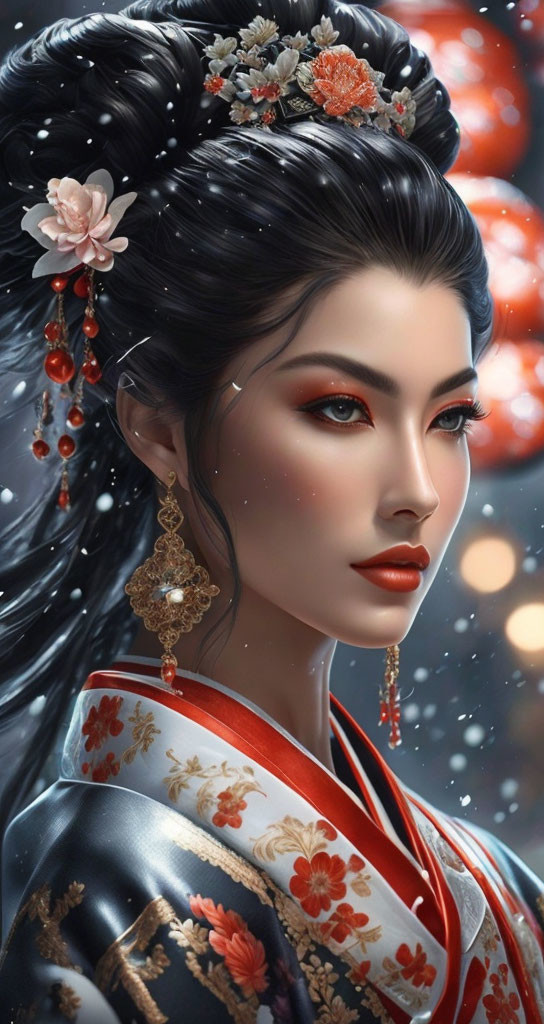 Traditional East Asian woman illustration with floral kimono and snowflakes