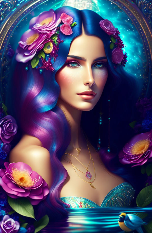 Vibrant multicolored hair and glowing skin in fantasy illustration