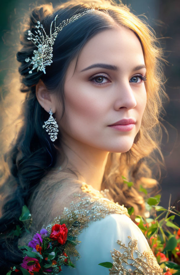 Woman in delicate tiara, golden dress, and flowers, gazing softly.