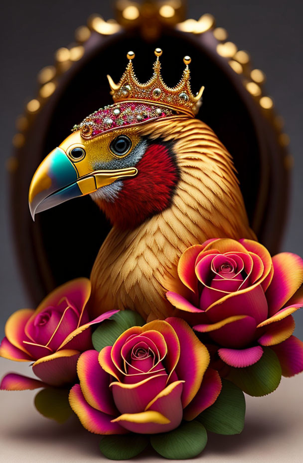 Ornate bird with golden crown in dark oval frame among pink and purple roses