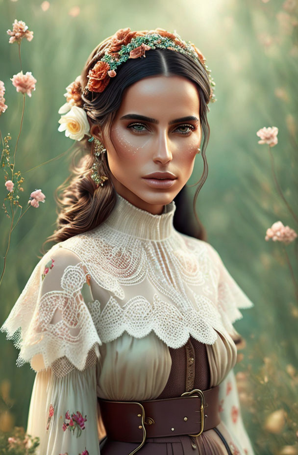 Woman in Floral Headpiece and Lace Top in Dreamy Natural Setting