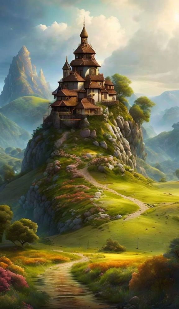 Fantasy landscape with wooden castle on hill, meadows, and stream