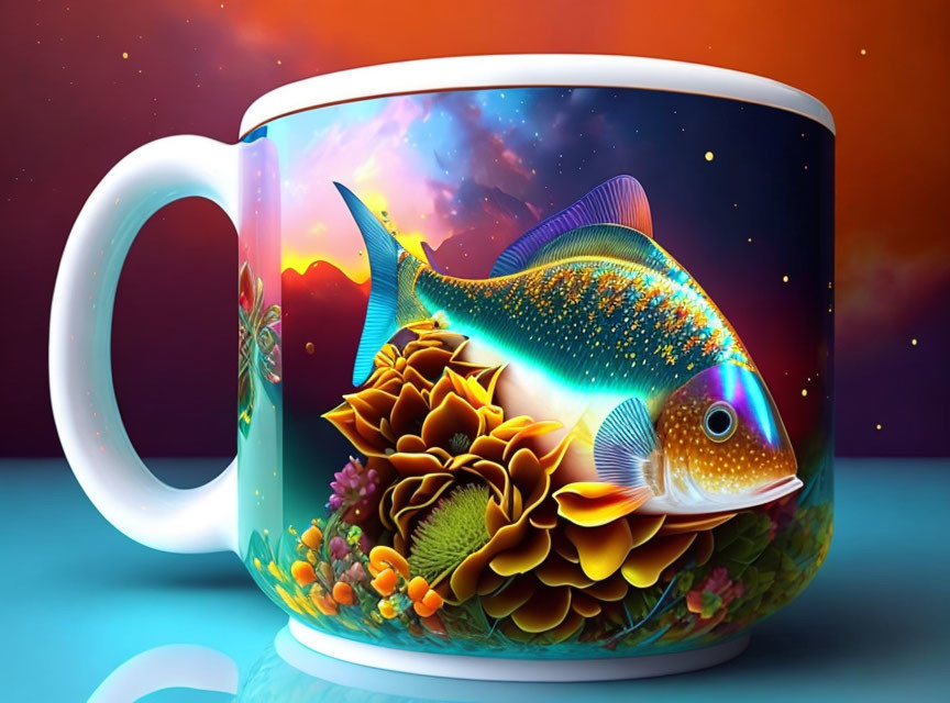 Colorful Fish and Coral Mug with Cosmic Underwater Theme